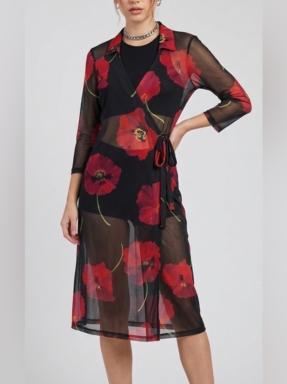 Vtg California Concepts Sheer Floral Mesh Wrap Dress S